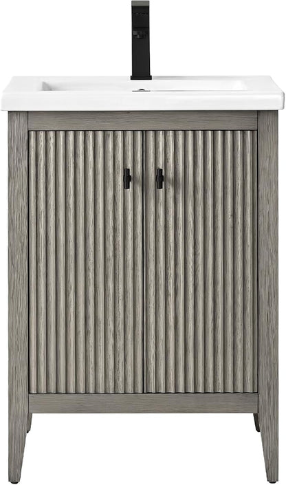 Vanity Art 24 inch Bathroom Vanity with Single Sink & Ceramic Top, Vanity Cabinet with Soft-Closing Door, Solid Wood Frame, Linear Pattern, Driftwood Gray, VA9124-DG-MB,Matte Black Handles