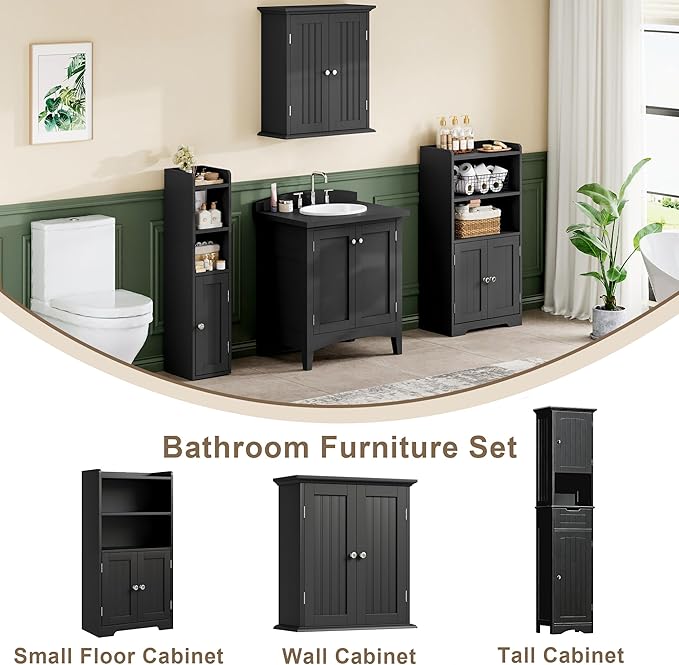 ChooChoo Small Bathroom Storage Cabinet, Narrow Toilet Paper Cabinet with 2 Door and Shelves, Freestanding Bathroom Floor Cabinet and Organizers for Small Spaces, 7.8" D * 15.7" W * 30.7" H, Black