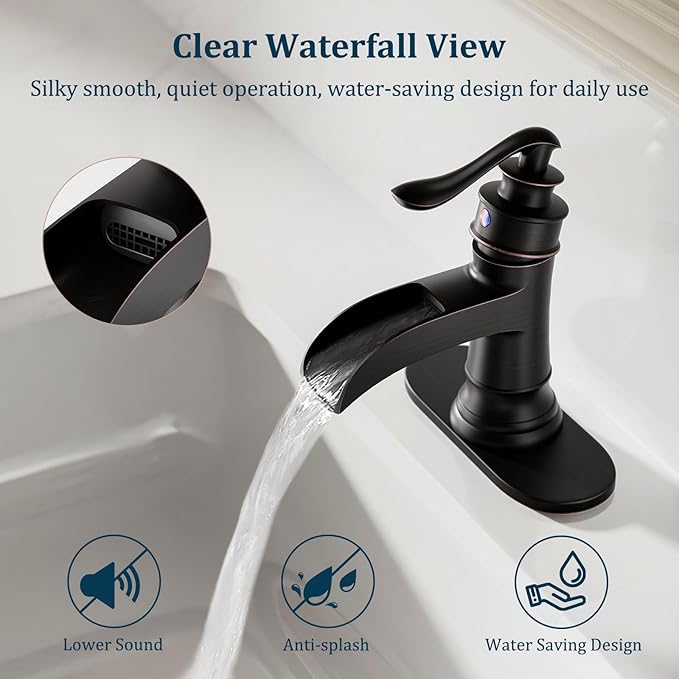 Oil Rubbed Bronze Waterfall Bathroom Faucet, Single Handle Bathroom Sink Faucet 1 Hole or 3 Hole, Vanity Sink Faucet for Vintage Antique Lavatory Washroom with Pop Up Drain, Deck, 2 Hoses