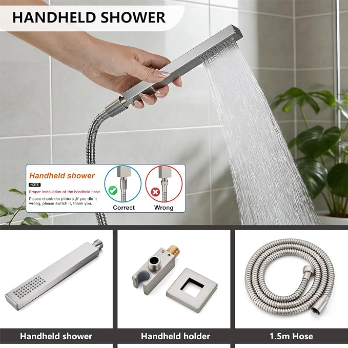Midanya Shower System with Tub Spout,16 Inch Shower Head,Brushed Nickel | with Valve & Trim Kit,Square Rain Head,Handheld Sprayer,Waterfall Spout,All Metal Wall Mount Bathroom Shower Tub Faucet Set