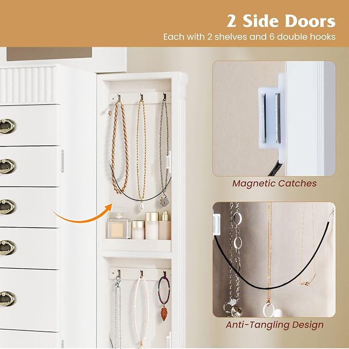 DREAMADE Jewelry Armoire, Standing Jewelry Box w/Mirror & 7 Drawers, White | Flip Top Organizer with 2 Side Doors and Anti-Toppling Device, Large Jewelry Cabinet Storage for Bedroom