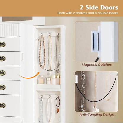 DREAMADE Jewelry Armoire, Standing Jewelry Box w/Mirror & 7 Drawers, White | Flip Top Organizer with 2 Side Doors and Anti-Toppling Device, Large Jewelry Cabinet Storage for Bedroom