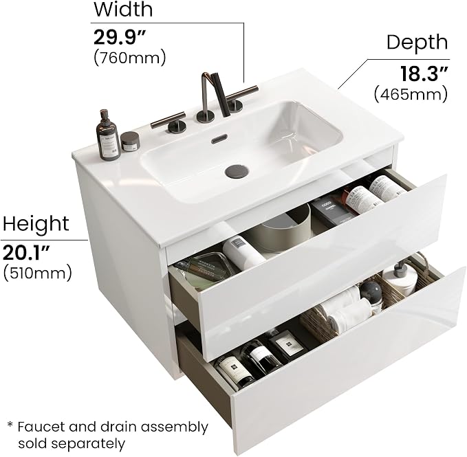30" Bathroom Vanity with Sink, Modern Floating Vanity with Double Soft Closing Drawers, Large Storage for Small Space, Glossy White, Fully Assembled - Iris Collection