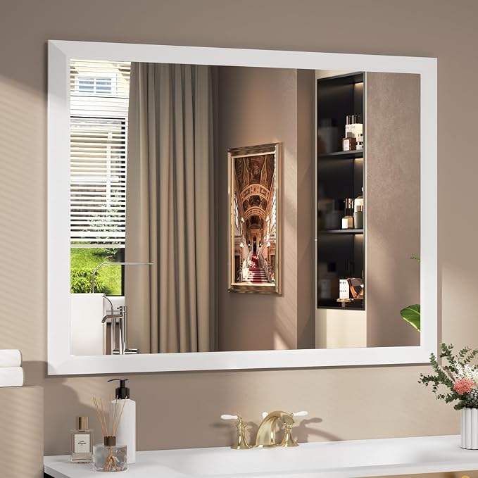 SMIROR 40x30 Matte White Bathroom Vanity Mirror for Over Sink | Metal Wide Frame, Rectangle, Right- Angle Corner, Anti-Rust, Horizontally or Vertically Wall- Mounted for Home Remodel