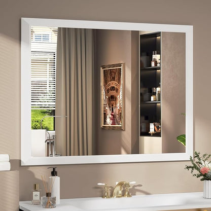 SMIROR 40x30 Matte White Bathroom Vanity Mirror for Over Sink | Metal Wide Frame, Rectangle, Right- Angle Corner, Anti-Rust, Horizontally or Vertically Wall- Mounted for Home Remodel