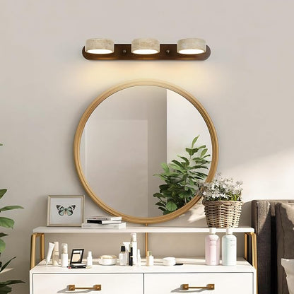 Wood Farmhouse Bathroom Vanity Light,Natural Stone Travertines Walnut Wall Lamp 3 Lights Travertine Shade Wabi Sabi Lamp, Linear Bathroom Vanity Lighting Rotatable 30W LED Wall Fixture Over Mirror