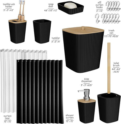 Clara Clark Black Bathroom Set, Shower Curtain Set, Bathroom Accessory Set | 20 Piece Bathroom Accessories Set with Toothbrush Holder, Soap Dispenser, Soap Dish, Toilet Brush, and Bathroom Trash Can