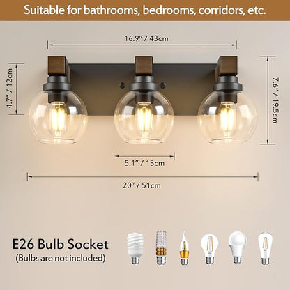 Farmhouse Bathroom Vanity Light Fixtures, 3-Light Wood Bathroom Light Fixtures Over Mirror, Rustic Vanity Lighting with Glass Shade for Living Room, Bedroom, Hallway