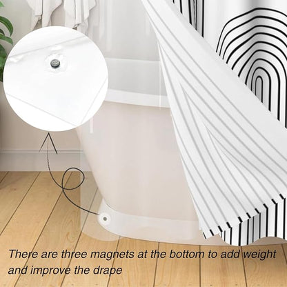 3 in 1 Shower Curtain Set, Boho Mid Century Modern | Black and White Leaf Polyester Bath Curtain with Magnetic PEVA Liner and 12 Double Sided Stainless Steel Hooks, 72x72 Inches