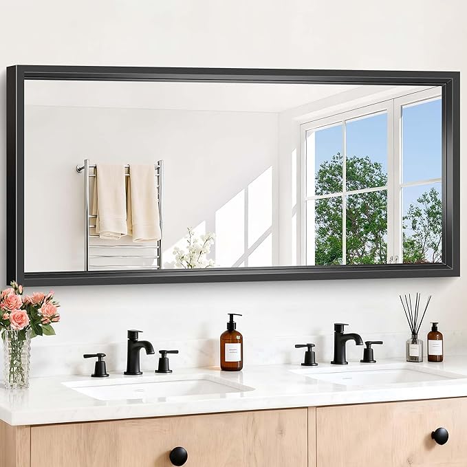 Black Rectangle Mirror, 60 x 28 Inch Large Bathroom Mirrors for Over Sink, 0.6" Thickened Deep Frame, Rectangular Wall Mirror, Brushed, Tempered Glass, Antirust, Horizontally or Vertically
