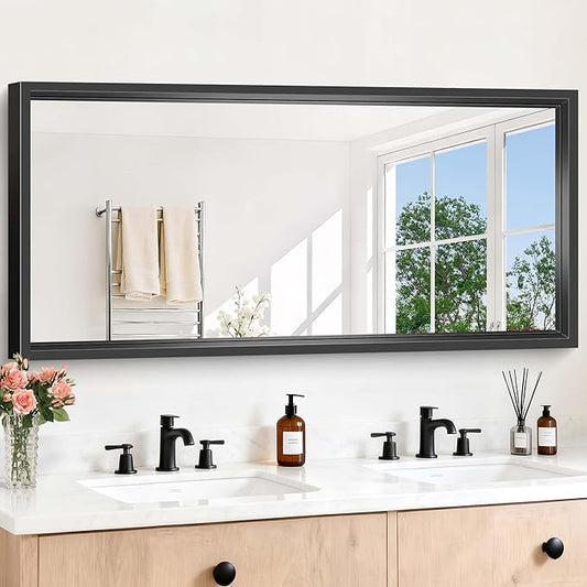 Black Rectangle Mirror, 60 x 28 Inch Large Bathroom Mirrors for Over Sink, 0.6" Thickened Deep Frame, Rectangular Wall Mirror, Brushed, Tempered Glass, Antirust, Horizontally or Vertically