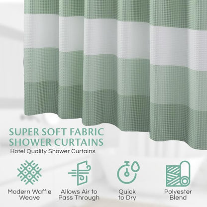 Ombre Waffle Shower Curtain with 12 Roller Ball Hooks - Spa Green 70" x 72" - Water Resistant Polyester Blend, Washable Perfect Cloth Shower Curtain for Stylish Bathrooms