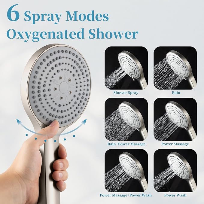 OFFO Handheld Shower Head Set, 6-Mode Brushed Nickel High Pressure Handheld Sprayer with 60" Stainless Steel Shower Hose, High Flow Large Powerful Boosting Handheld Showerhead for Low Water Pressure