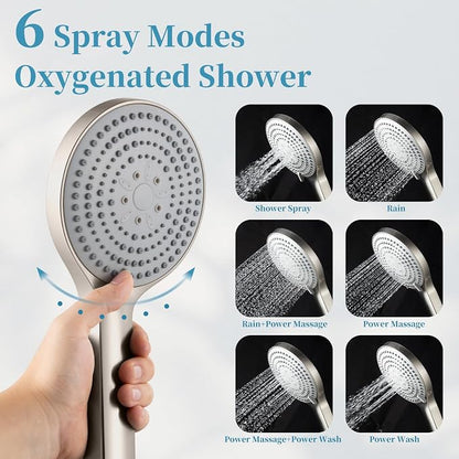 OFFO Handheld Shower Head Set, 6-Mode Brushed Nickel High Pressure Handheld Sprayer with 60" Stainless Steel Hose & Holder, High Flow Large Powerful Boosting Handheld Showerhead for Low Water Pressure