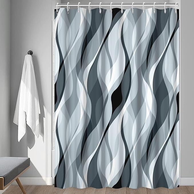 Blue Shower Curtain, Modern Abstract Blue and Grey Striped Shower Curtain Set for Bathroom Waterproof Polyester Shower Curtain with Hooks, 72x78 Inch
