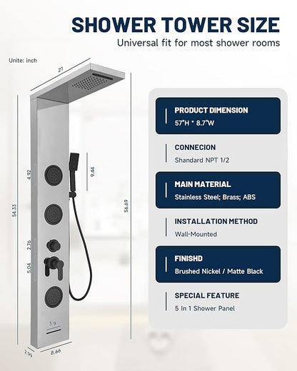 Homevacious 5 In 1 Shower Panel Brushed Nickel Shower Tower System with Rainfall Waterfall Shower Head 3 Body Jets Handheld Shower Head and Tub Spout Modern Massage Shower System