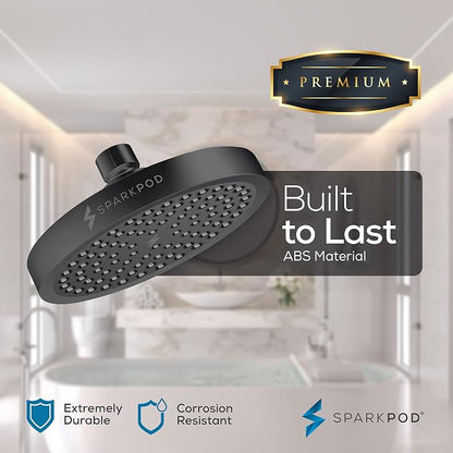 SparkPod 6" Rain Shower Head High Pressure w/ 6" Shower Arm, Charcoal Grey | High Pressure Shower Heads, 90 Nozzles, Adjustable Showerhead, No Tools Needed, Universal Connection, Gain Space & Style