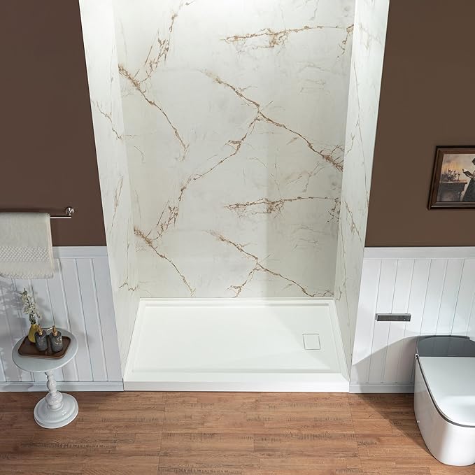 Woodbridge 60" W x 96" H 3-Piece Solid Surface Tile Tub and Shower Wall Panel Surround Kit in Beige Marble with Soft Brown Veining (High Gloss Finish), Quick Install and Trimmable, 3/16" (5mm) Thick