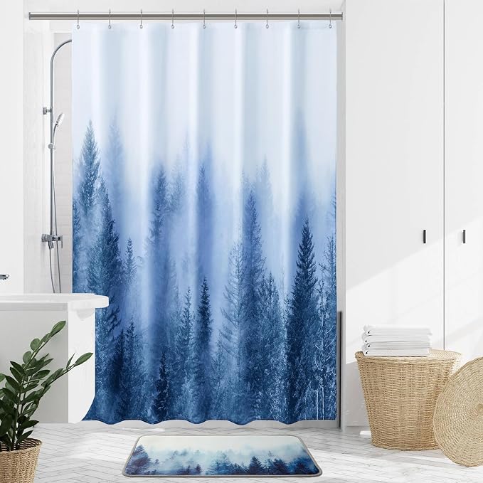 ORTIGIA 54x78 Misty Forest Stall Shower Curtain for Small Bathroom, Blue Narrow Nature Woodland Shower Curtain Set with Hooks, Waterproof Fabric Pine Tree Fog Magic Home Bath Curtain