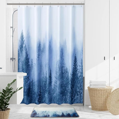 ORTIGIA 54x78 Misty Forest Stall Shower Curtain for Small Bathroom, Blue Narrow Nature Woodland Shower Curtain Set with Hooks, Waterproof Fabric Pine Tree Fog Magic Home Bath Curtain