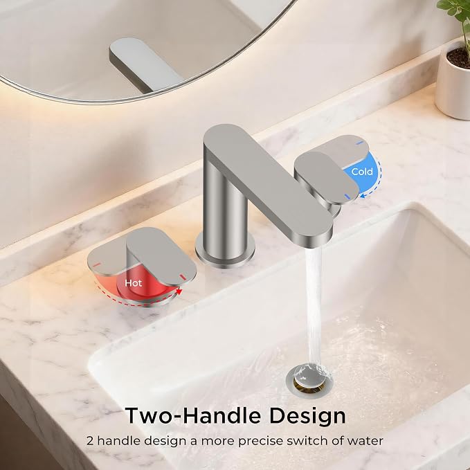 QFN Bathroom Faucet 3 Hole 8" Widespread Vanity Sink Faucet Brushed Nickel | 304 Stainless Steel Bathroom Sink Faucet with Pop-up Drain, 6-12 Inch 3 Hole Install, for RV Laundry Farmhouse Restroom Sink