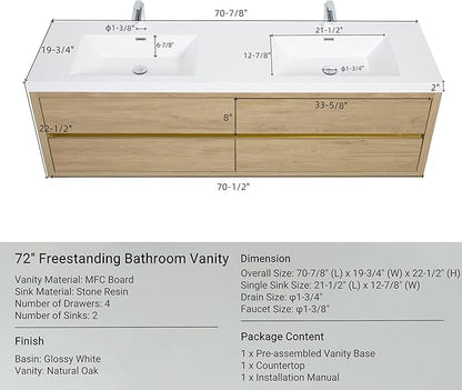Abruzzo 72" Natural Oak Wall-Mounted Bathroom Vanity with Double Sink – Stone Resin Countertop & Soft-Close Drawers, Waterproof Wood Cabinet for Bathrooms