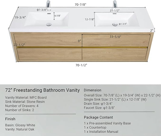 Abruzzo 72" Natural Oak Wall-Mounted Bathroom Vanity with Double Sink – Stone Resin Countertop & Soft-Close Drawers, Waterproof Wood Cabinet for Bathrooms