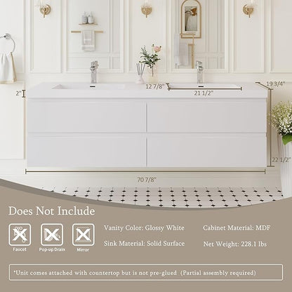 Floating Bathroom Vanity with Double Sinks, 72" Wall-Mounted Bathroom Storage Vanity Cabinet with Resin Top Basin and Soft Close Drawers, No Assembly Required, Glossy White