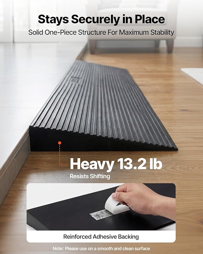 VEVOR 1.6" Rise Cuttable Threshold Ramp for Doorways, 35.4" Wide Natural Rubber Wheelchair Ramp, Non-Slip Solid Rubber Ramp with Double-Sided Tape for Doorways,Driveways,Bathroom,Smooth Tile
