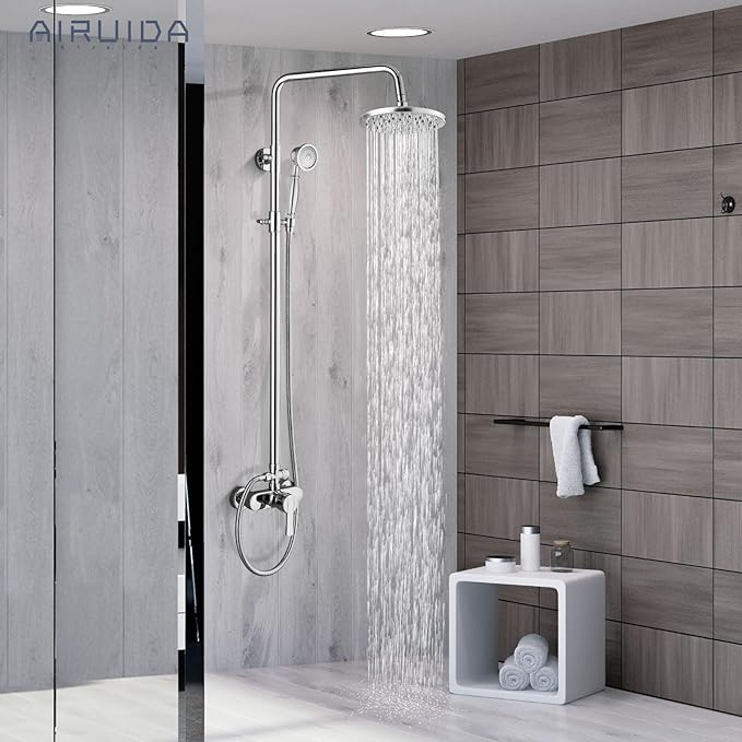 Airuida Exposed Shower System, 8 Inch Rainfall Shower Head with Handheld Spray, Single Handle Wall Mount Shower Faucet Set, Solid Brass Dual Function Exposed Pipe Fixture for Bathroom,Chrome Polish