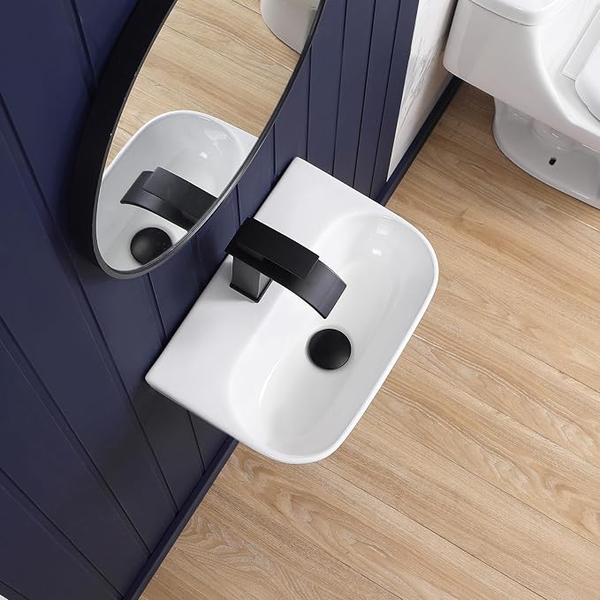 Small Vessel Sink 17"x12" Wall Mount Bathroom Sink Wall Mounted Oval Wall Hung Mini White Porcelain Ceramic Floating Tiny Sink,Easy Install, Durable, Space-Saving, Ideal for Home,RV