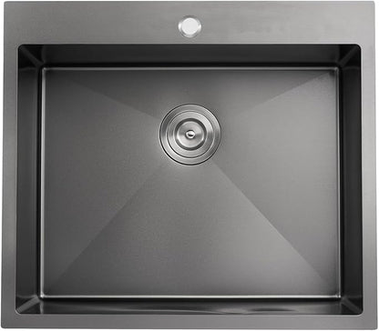 25 Inch Drop in Kitchen Sink Black 18 Gauge Stainless Steel | Single Bowl Single Hole Topmount Sink, 25"x22"x8.5" Large Basin for Family Kitchen, Bar and Prep Area