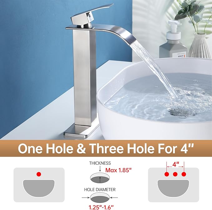 Fransiton Tall Vessel Sink Faucet Brushed Nickel Faucet for Bathroom Sink Tall Waterfall Bathroom Faucet Single Handle 1 or 3 Hole Wash with Pop-up Drain