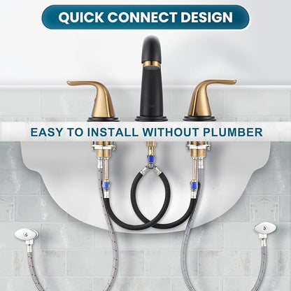 Bathroom Sink Faucet 3 Holes Black Gold, Widespread Bathroom Faucet | Vanity Faucet with Pop Up Drain, 304 Stainless Steel Lead-Free cUPC Supply Hose, Dual Aerator, for RV Restroom Vanity Camper