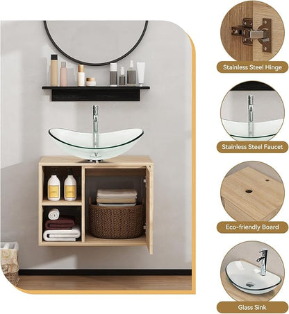 YOURLITE Floating Bathroom Vanity with Sink, Wall-Mounted, 24" Bathroom Vanity and Sink Combo with Mirror and Faucet & Pop Up Drain Set Clear Glass Boat Sink