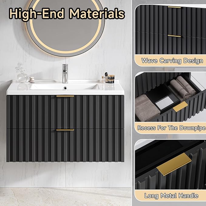 ONBRILL 30 Inch Bathroom Vanity with Sink Combo, Floating Bathroom Vanity with 2 Fluted Drawers & Metal Handle, Modern Wall Mount Storage Cabinet with Ceramic Integrated Sink for Small Space (Black)
