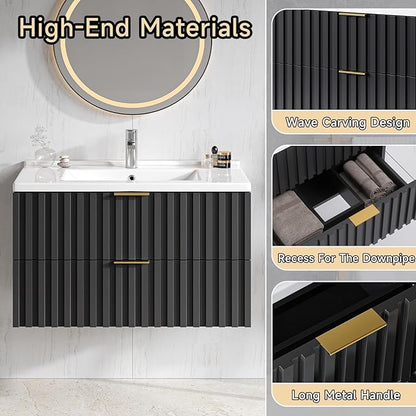 ONBRILL 30 Inch Bathroom Vanity with Sink Combo, Floating Bathroom Vanity with 2 Fluted Drawers & Metal Handle, Modern Wall Mount Storage Cabinet with Ceramic Integrated Sink for Small Space (Black)