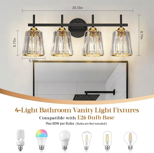 Crystal Bathroom Light Fixtures Over Mirror, Black Gold 4-Light Bathroom Vanity Lights Over Mirror Modern Wall Lighting Sconces with Ceramic E26 Base (Bulbs Not Include)