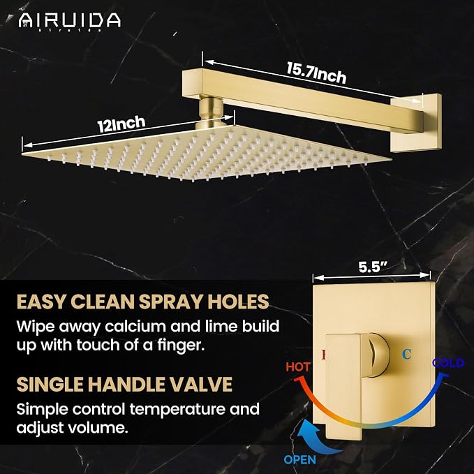 Airuida Shower Faucet Set,12 Inch Shower Valve Kit,Brushed Gold | Male Threads,Rough-in Valve Shower Trim Kit,Single Handle Control Shower Set