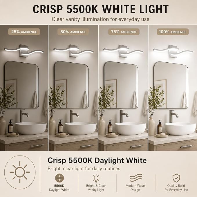 Brushed Nickel Curved Bathroom Vanity Light Fixture Over Mirror, 23.62 inch Modern LED Wall Lamp 5500K Bathroom Light Fixture Vanity Lighting Wall Sconces,2 Packs