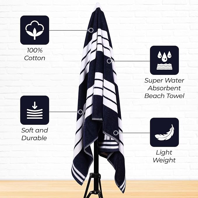 Superior Oversized Cotton Beach Towel Set of 2, Absorbent Towels for Bathroom, Beach, Pool, Swim, Adults, Kids, Vacation, Travel, Bath Sheet, Quick Dry Basics, Trip Essentials, Striped Decor, Blue