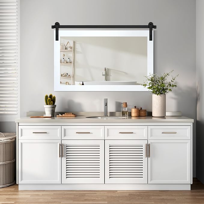COGOOD Farmhouse Bathroom Mirrors for Over Sink - 26 x 41 Pure White | Rustic Barn Door Wood Framed Vanity Mirror for Entryway, Living Room, Bedroom, Dresser Wall Decor