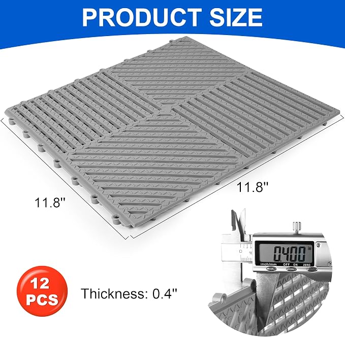 Modular Interlocking Cushion 12 Pack 11.8" x 11.8" Rubber Floor Tiles Non-Slip Splicing Drainage Mats for Deck, Pool, Shower, Patio, Balcony, Bathroom, Kitchen, Yard (Diagonal, Gray)