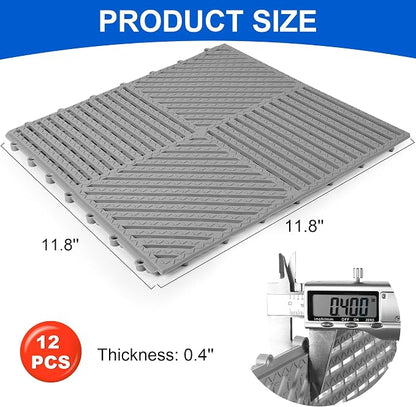 Modular Interlocking Cushion 12 Pack 11.8" x 11.8" Rubber Floor Tiles Non-Slip Splicing Drainage Mats for Deck, Pool, Shower, Patio, Balcony, Bathroom, Kitchen, Yard (Diagonal, Gray)