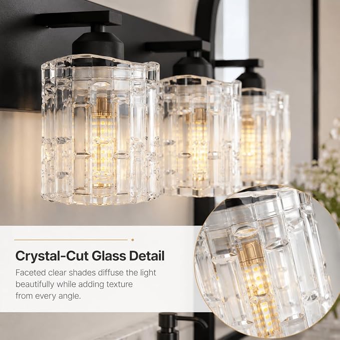 3 Lights Matte Black Crystal Bathroom Vanity Light,Modern Bathroom Wall Light,Crystal Over Mirror Light Fixtures for Living Room, Bedroom, Hallway