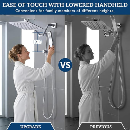 G-Promise All Metal Shower Diverter with Low Handheld Holder (Chrome) | 10 Inch Downward-Extend Bracket for All Heights, 4 Spray Modes with Pause, Anti-Leak, Easy Install, Universal Replacement