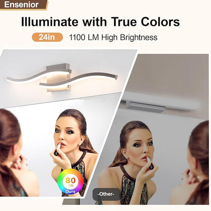 23.62 inch Brushed Nickel LED Vanity Light, 5CCT Dimmable Bathroom Light Fixture Over Mirror, Modern Curved Wall Lamp 2500K-5500K for Bathroom Lighting