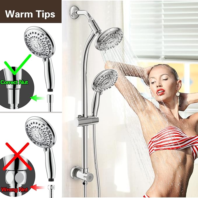 Handheld Showerhead & Rain Shower Combo for Easy Reach, 27.5" Drill-free Stainless Steel Slide Bar, 5”of 5-setting Handheld Shower and Showerhead, with 5ft Hose - Polished Chrome