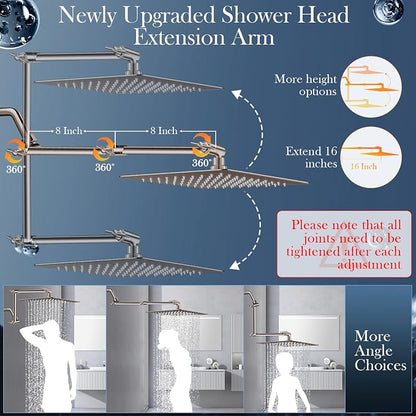 12'' Nickel Shower Head Combo with 16'' Flexible Height/Angle Extension Arm | High Pressure Rainfall Shower Head with 5 Setting Spray Hand held Shower Head, Stainless Steel and Anti-leak