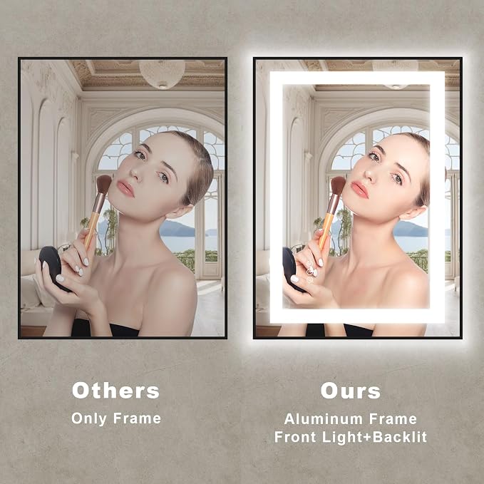 OKPAL 24x30 LED Bathroom Mirror with Black Frame, Lighted Bathroom Mirror for Vanity, Frontlit & Backlit, Anti-Fog, Dimmable, Memory, Shatterproof, ETL Listed, Horizontal/Vertical
